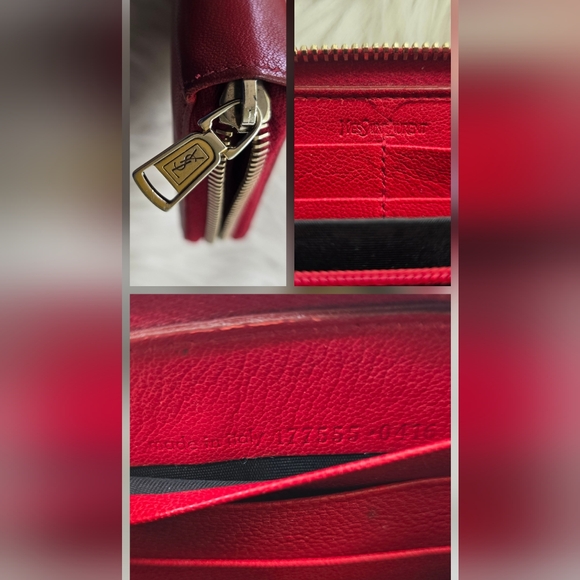 YSL Red Leather Zip-Around Signature Logo Wallet - Picture 15 of 17